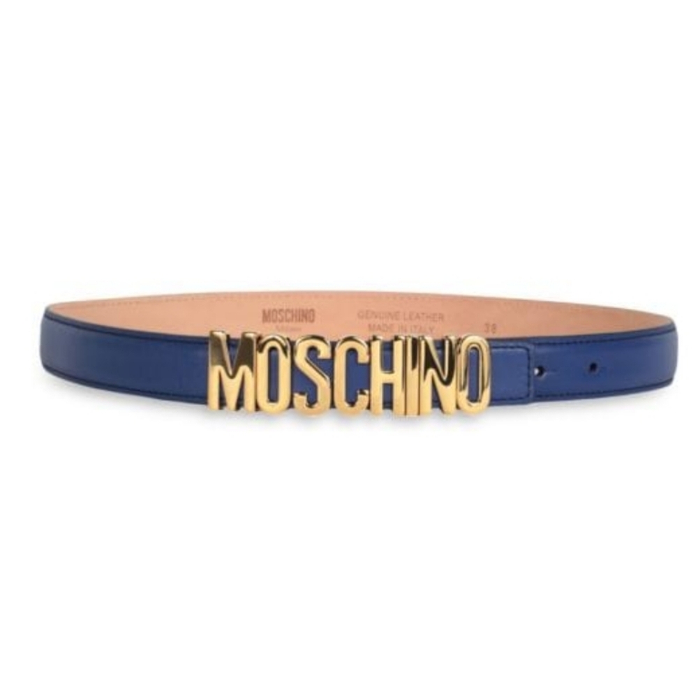Moschino Plaque Logo Leather Belt Blue Size Large